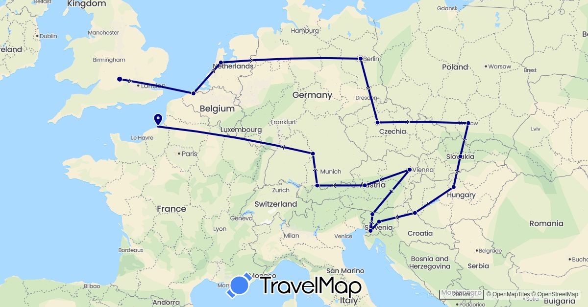 TravelMap itinerary: driving in Austria, Belgium, Czech Republic, Germany, France, United Kingdom, Croatia, Hungary, Netherlands, Poland, Slovenia, Slovakia (Europe)
